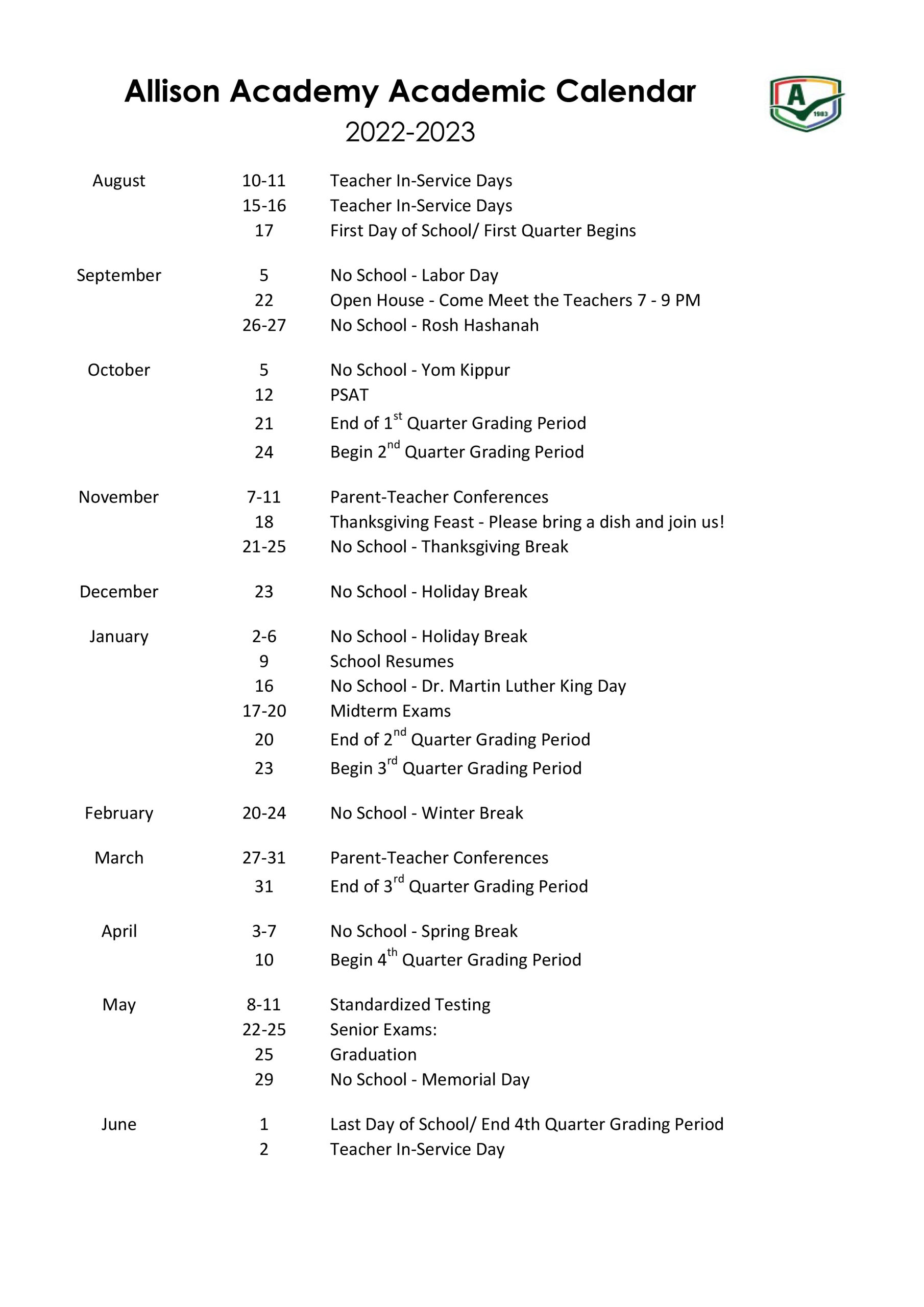 Academic Calendar Allison Academy, North Miami, Florida