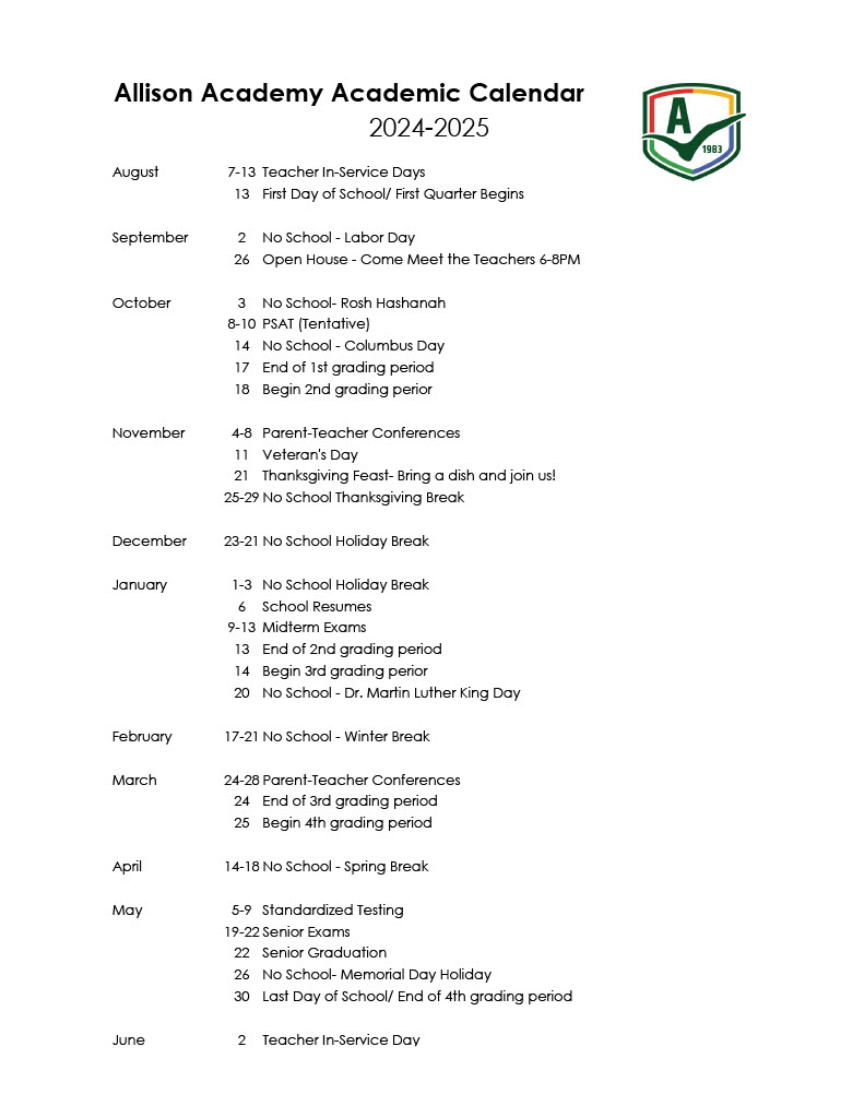 Academic Calendar Allison Academy, North Miami, Florida